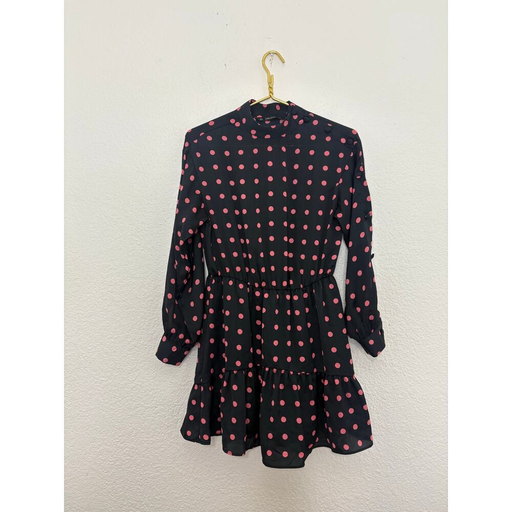 Zara Black Pink Polka Dot Long Sleeve Mini Dress Size XS Asymmetrical Button - Picture 3 of 14